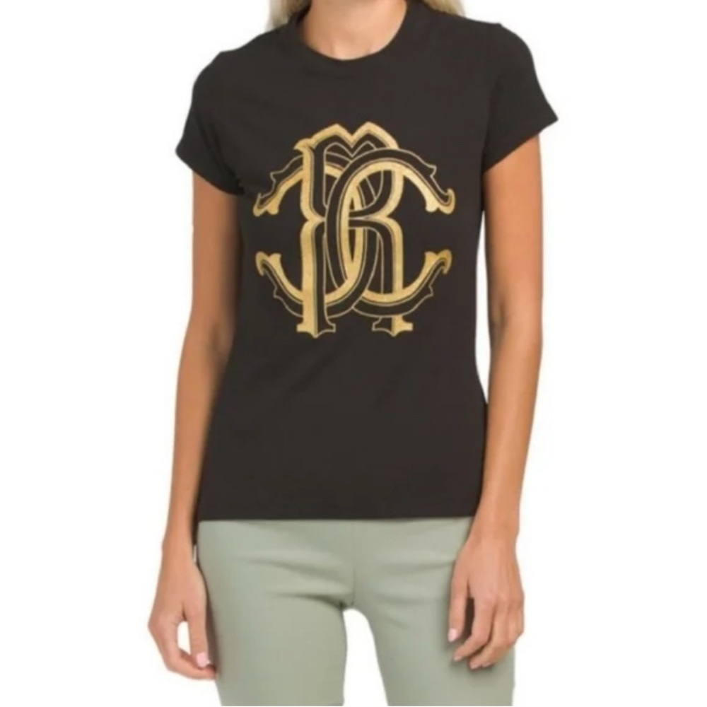 Authentic Roberto Cavalli Black Gold Foil RC Logo Tee L Hologram Tag FST678